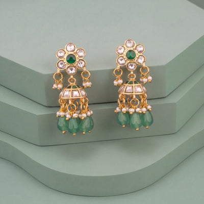 Classic Jadau Kundan Jhumka Earrings With Green Hangings