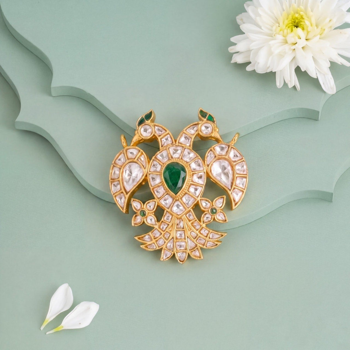 Elegant Peacock Jadau Kundan Pendant With Emerald Green Stone - Premium Indian Ethnic Jewelry | Dulhan Jewels