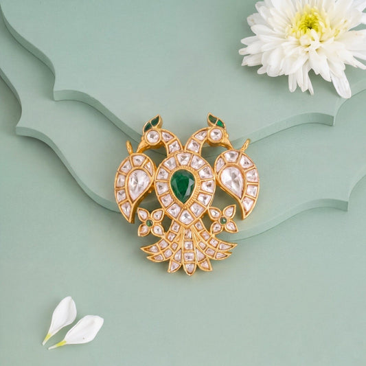 Elegant Peacock Jadau Kundan Pendant With Emerald Green Stone - Premium Indian Ethnic Jewelry | Dulhan Jewels