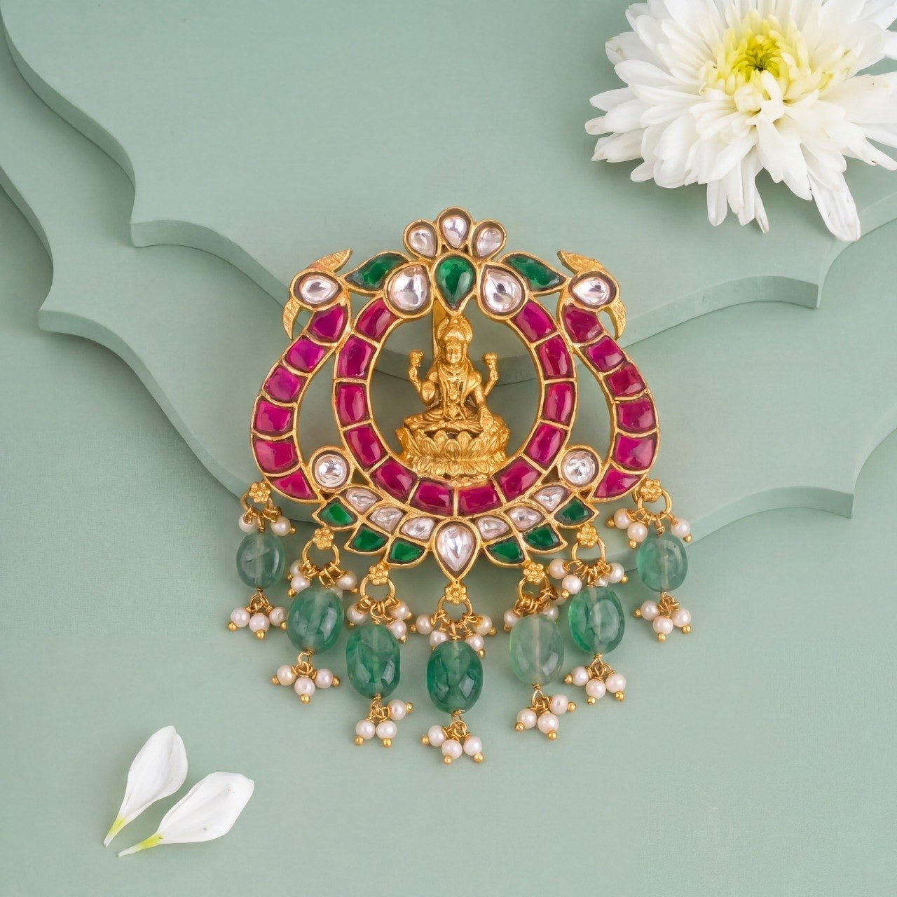 Elegant Laxmi Devi Locket With Emerald Green Beads - Premium Indian Ethnic Jewelry | Dulhan Jewels