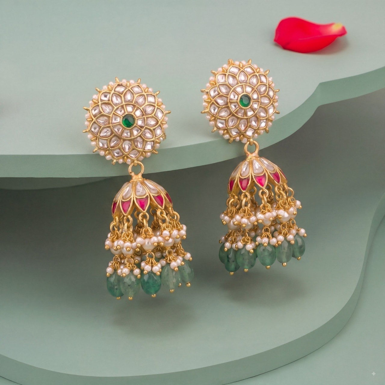 Floral Studded Jadau Kundan Jhumki Earrings With Green Beads - Premium Indian Ethnic Jewelry | Dulhan Jewels