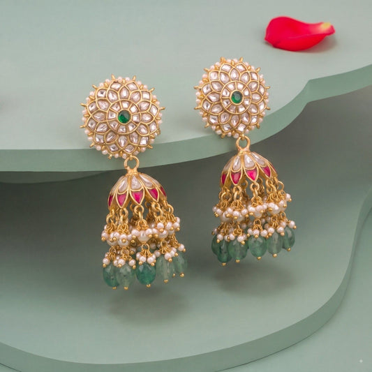 Floral Studded Jadau Kundan Jhumki Earrings With Green Beads - Premium Indian Ethnic Jewelry | Dulhan Jewels
