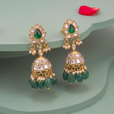 Ethnic Jadau Kundan Jhumki Earrings With Emerald Drops