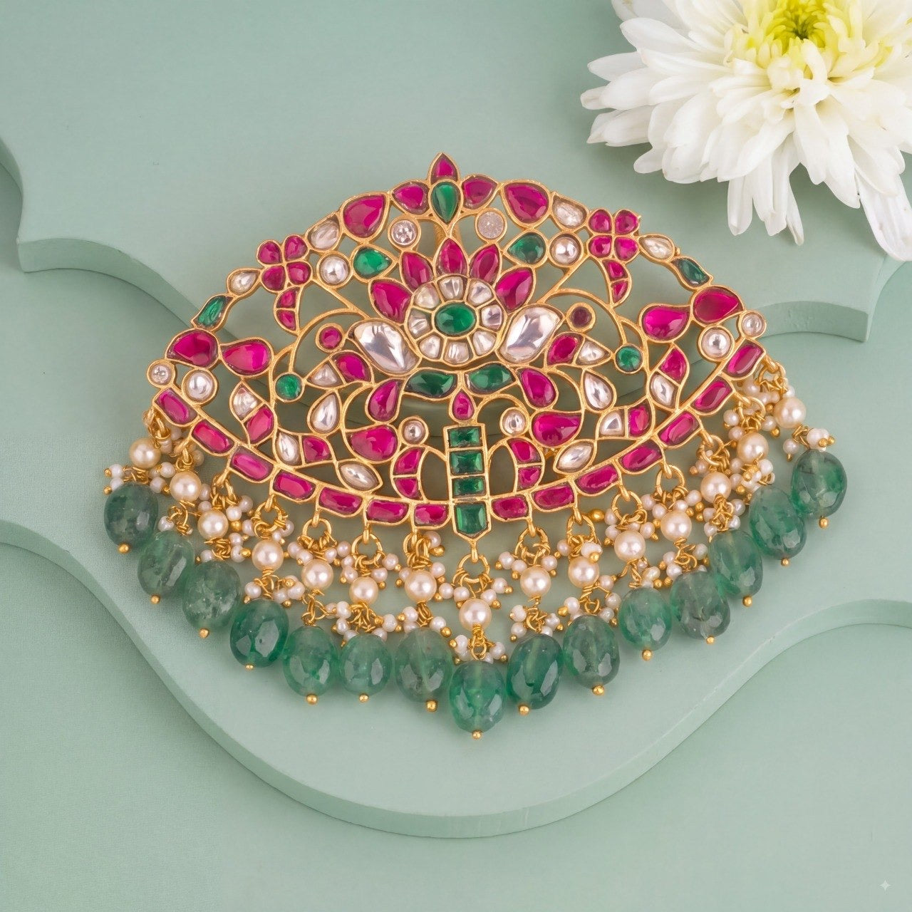 Bridal Jadau Kundan Pendant With Emerald Hangings - Premium Indian Ethnic Jewelry | Dulhan Jewels
