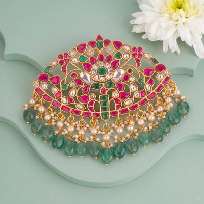 Bridal Jadau Kundan Pendant With Emerald Hangings