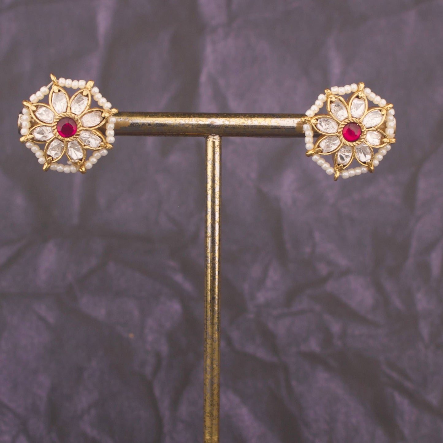 Jadau Kundan Stud Earrings With Pearl Bordering