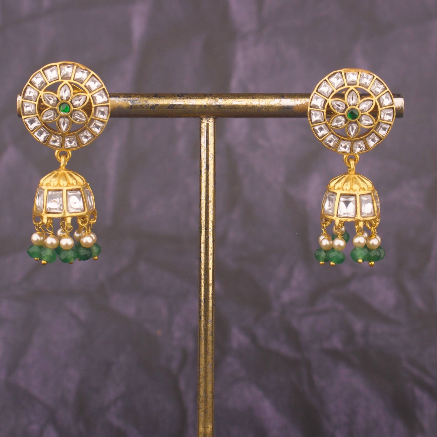 Classic Jadau Kundan Jhumki Earrings With Green Beads