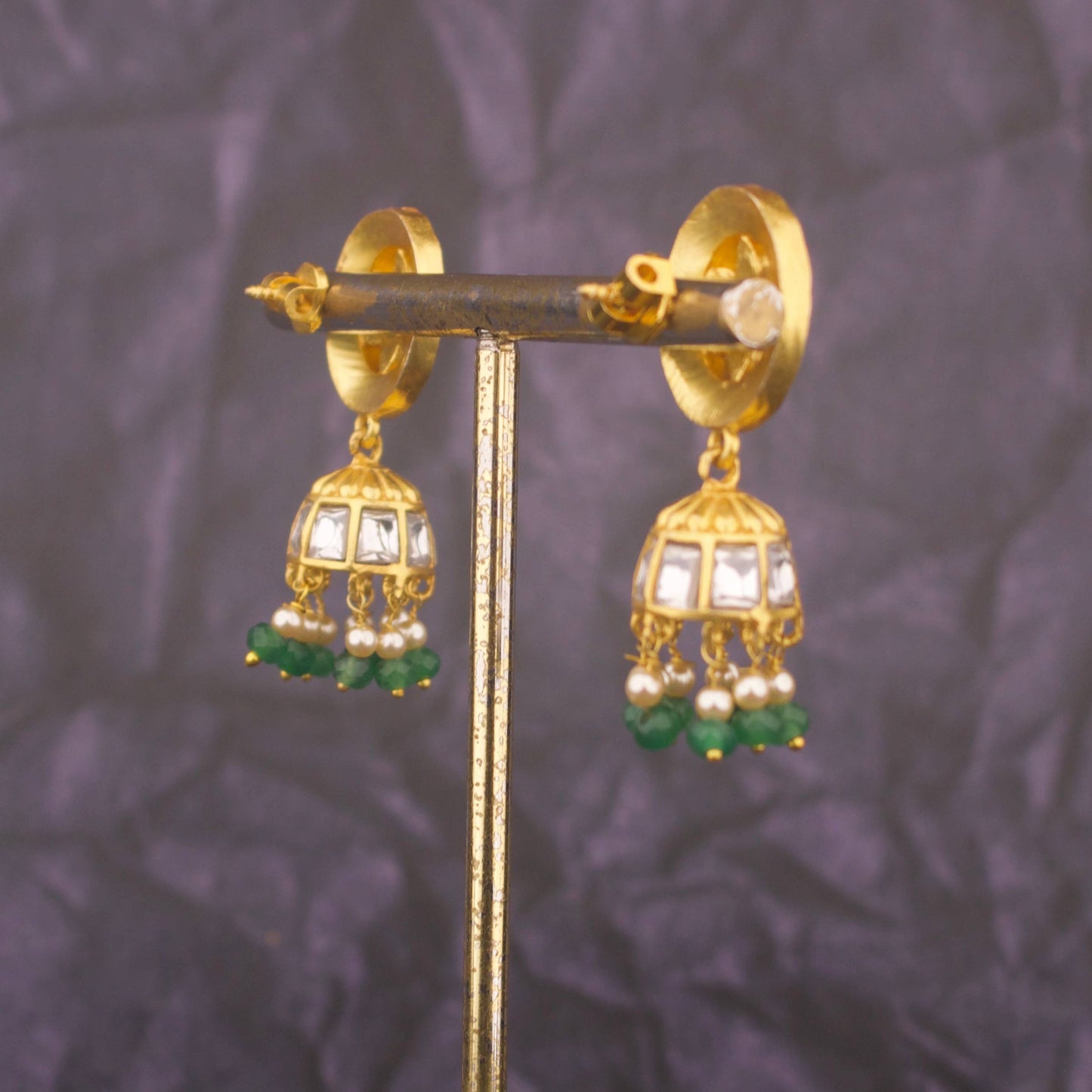 Classic Jadau Kundan Jhumki Earrings With Green Beads