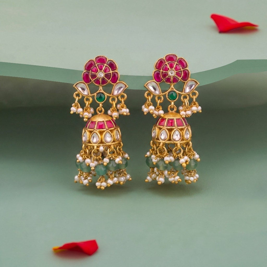 Ethnic Jadau Kundan Jhumki Earrings With Green Hangings - Premium Indian Ethnic Jewelry | Dulhan Jewels