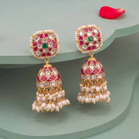 Traditional Jadau Kundan Jhumki Earrings With Hangings - Premium Indian Ethnic Jewelry | Dulhan Jewels