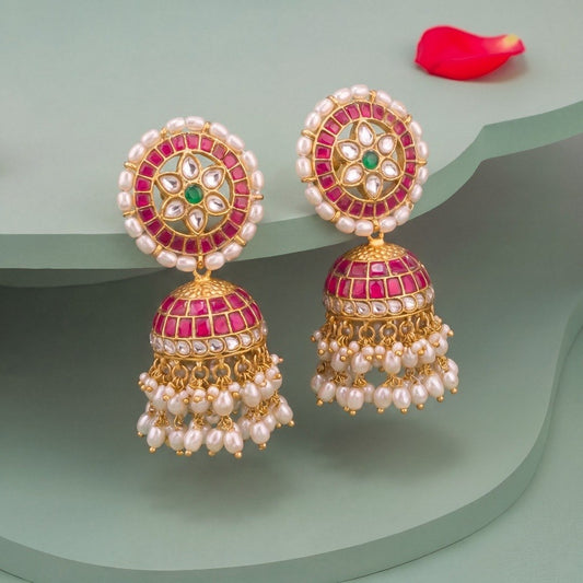 Regal Jadau Kundan Jhumki With Ricepearl Hangings - Premium Indian Ethnic Jewelry | Dulhan Jewels