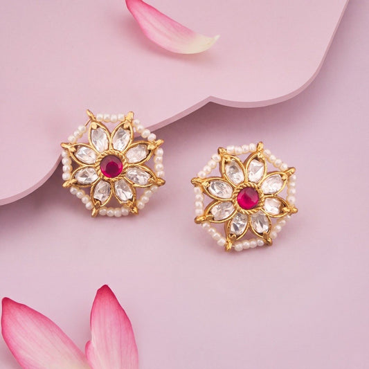 Jadau Kundan Stud Earrings With Pearl Bordering - Premium Indian Ethnic Jewelry | Dulhan Jewels