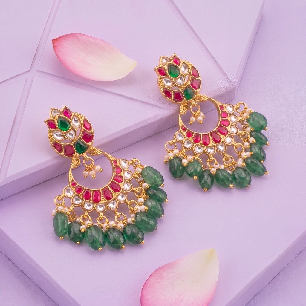 Chand Studded Jadau Kundan Chandbali Earrings With Emerald Drops - Premium Indian Ethnic Jewelry | Dulhan Jewels