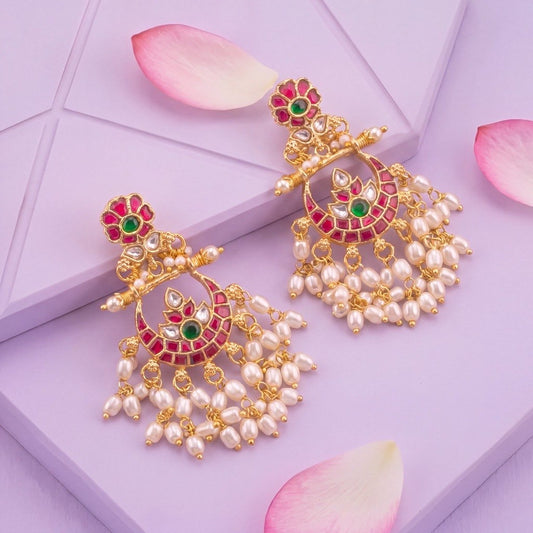 Royal Jadau Kundan Chandbali Earrings With Pearl Tassels - Premium Indian Ethnic Jewelry | Dulhan Jewels