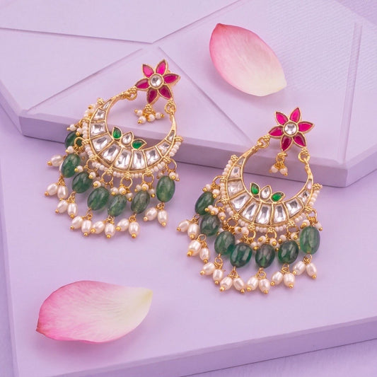 Traditional Jadau Kundan Chandbali Earrings With Ricepearl Hangings - Premium Indian Ethnic Jewelry | Dulhan Jewels
