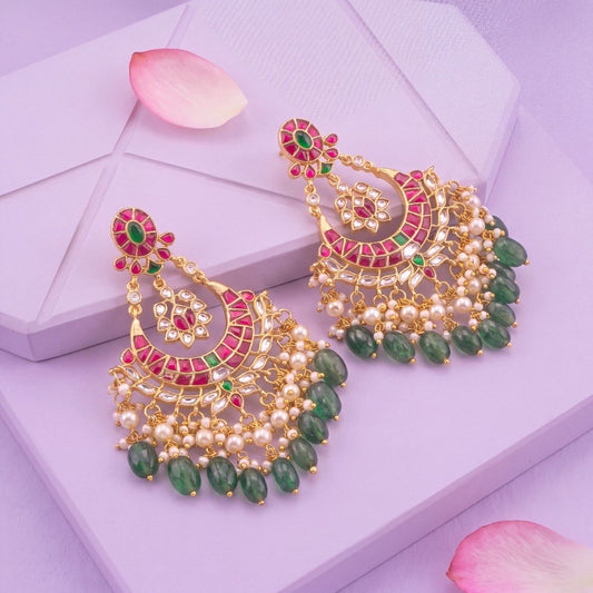 Royal Jadau Kundan Chandbali Earrings With Emerald Beads - Premium Indian Ethnic Jewelry | Dulhan Jewels