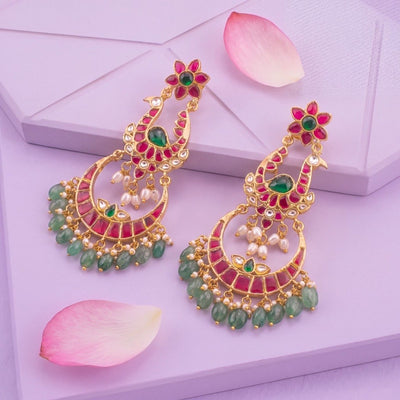 Designer Jadau Kundan Chandbali Earrings With Green Drops