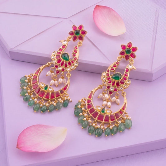 Designer Jadau Kundan Chandbali Earrings With Green Drops - Premium Indian Ethnic Jewelry | Dulhan Jewels