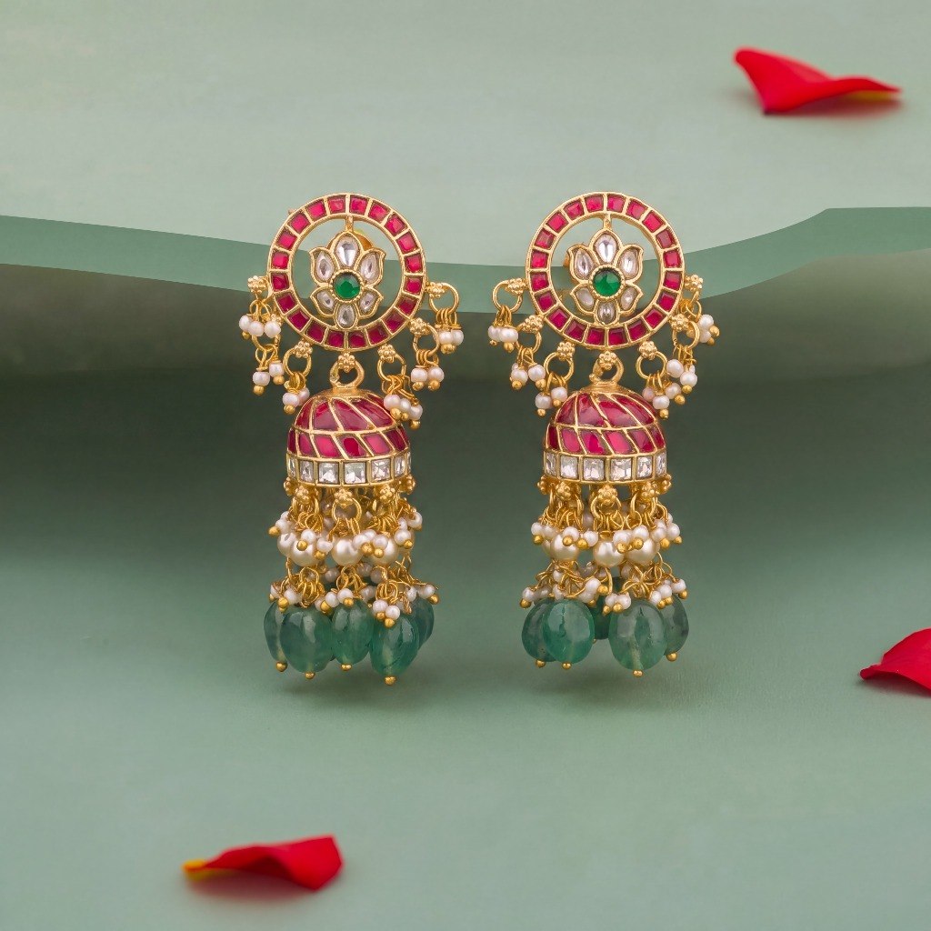 Ethnic Jadau Kundan Jhumki Earrings With Green Bead Tassels - Premium Indian Ethnic Jewelry | Dulhan Jewels