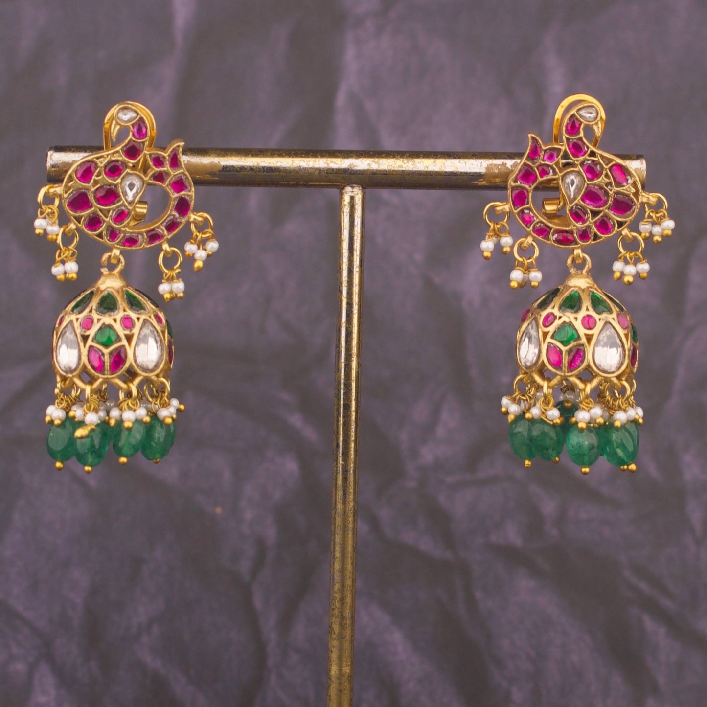 Unique Jadau Kundan Jhumki Earrings With Green Beads