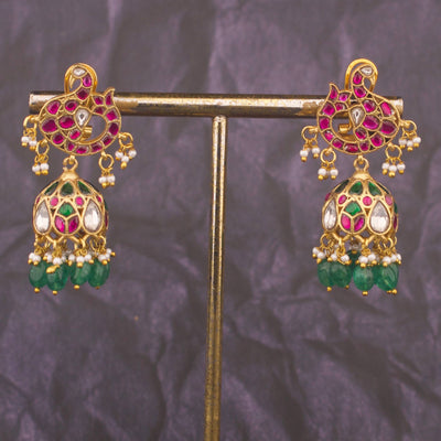 Unique Jadau Kundan Jhumki Earrings With Green Beads