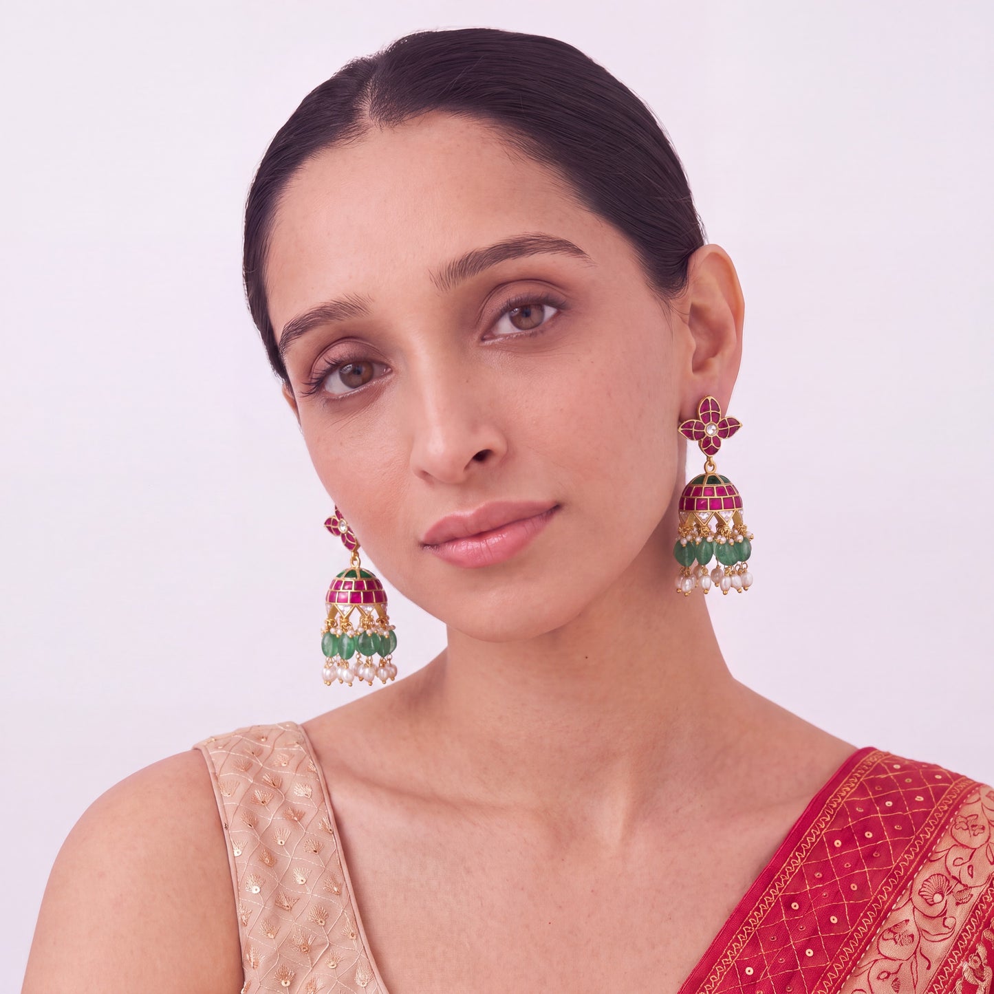 Classy Jadau Kundan Jhumka Earrings With Emerald Beads