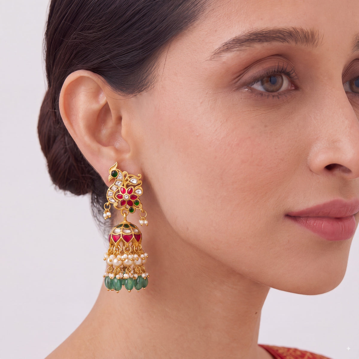 Heritage Style Jadau Kundan Jhumki Earrings With Pearl And Emerald Drops