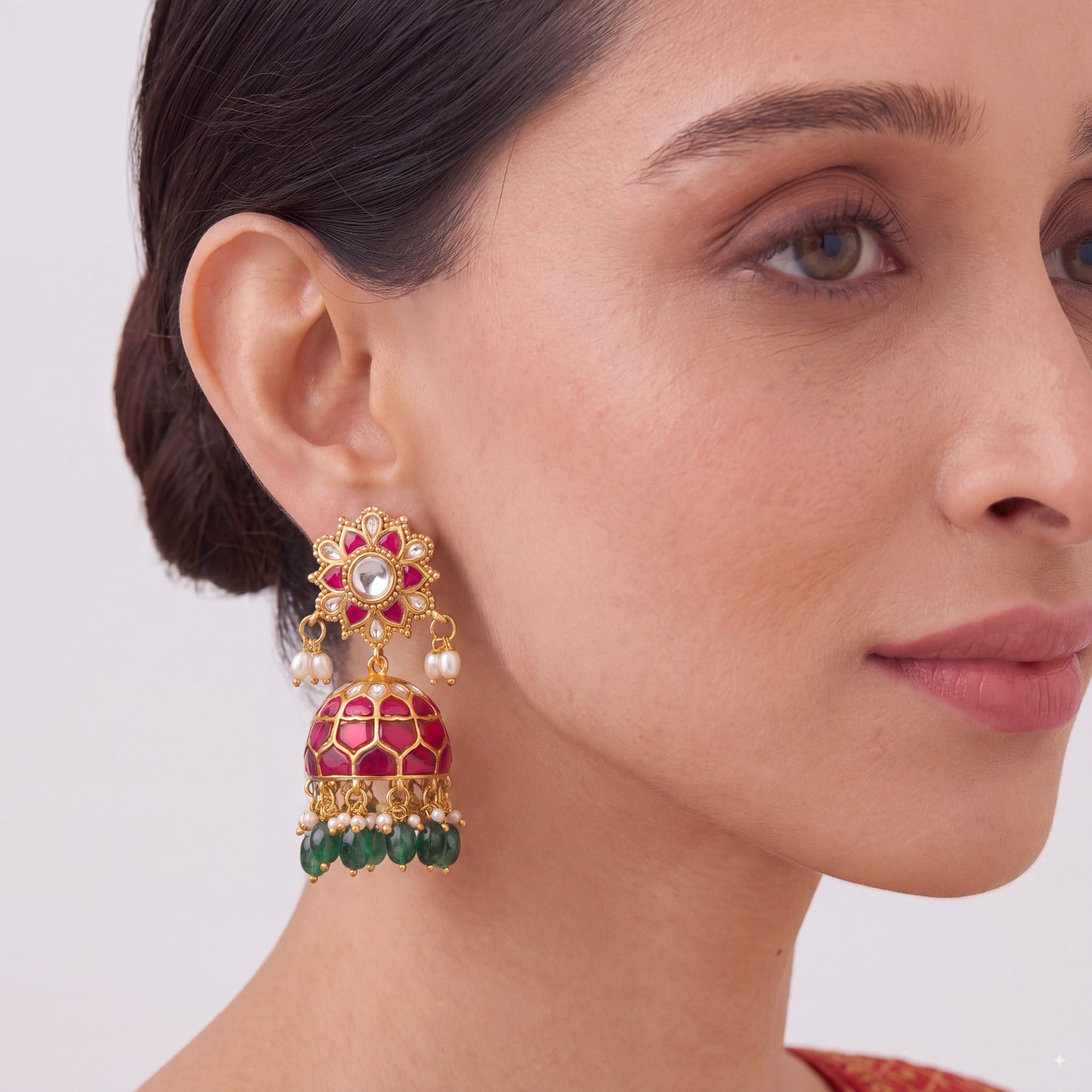 Designer Jadau Kundan Jhumka Earrings With Ruby Stones and Green Drops