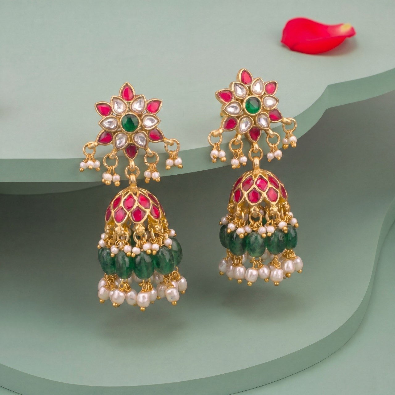Premium Floral Studded Jadau Kundan Jhumki With Pearl Hangings