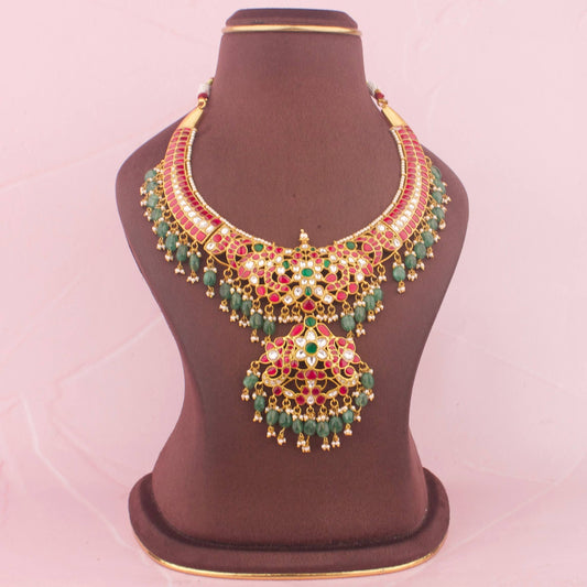 Exclusive Gold Inspired Jadau Kundan Necklace With Beads & Pearl Hanging
