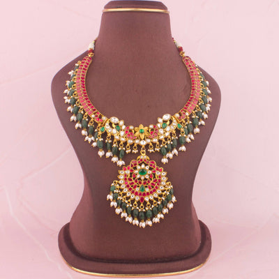Gold Inspired Jadau Kundan Kanti Style Necklace With Beads Hangings
