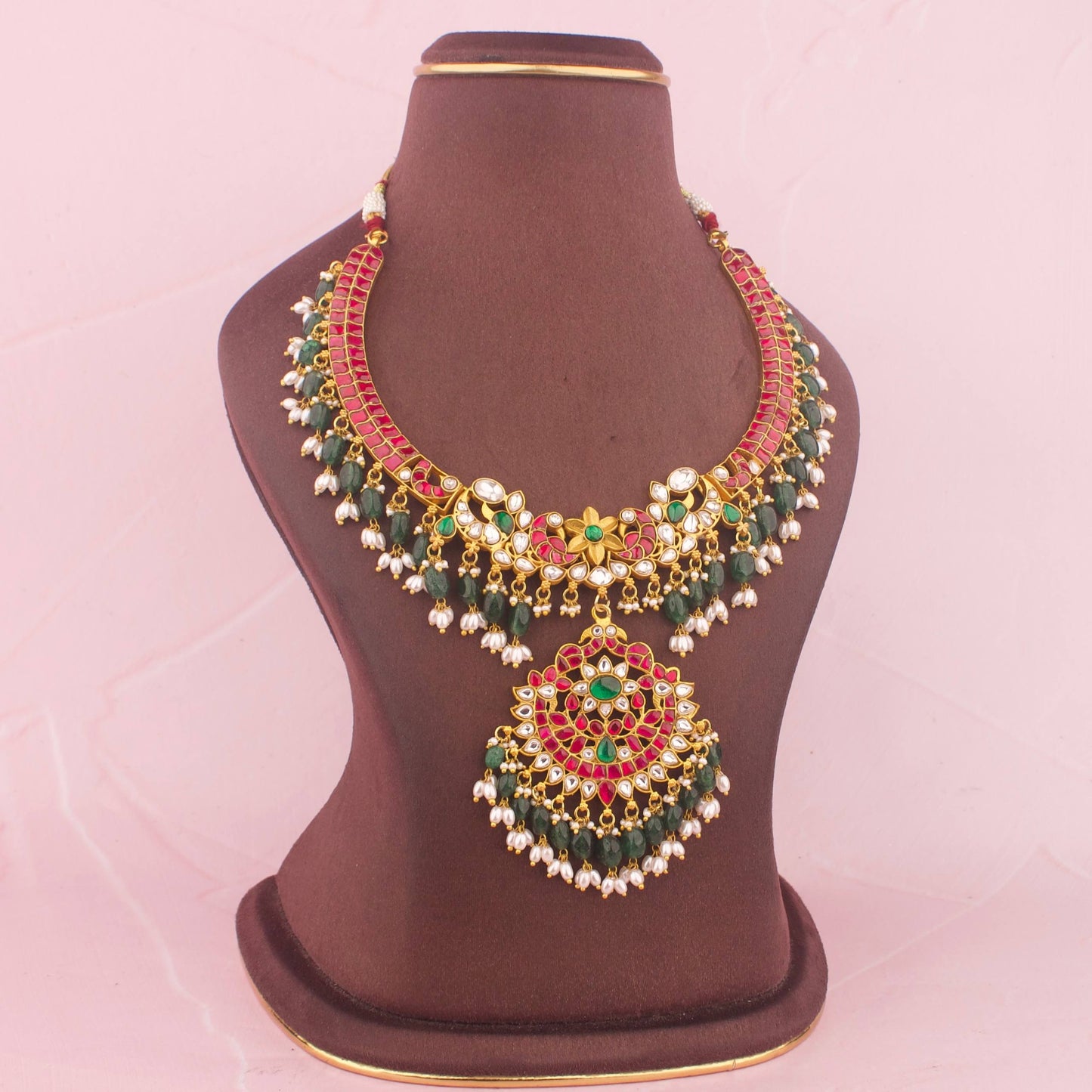 Gold Inspired Jadau Kundan Kanti Style Necklace With Beads Hangings Craftsmanship & Detail View - Dulhan Jewels