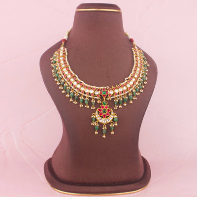 Ethnic Jadau Kundan Necklace With Emerald Beads