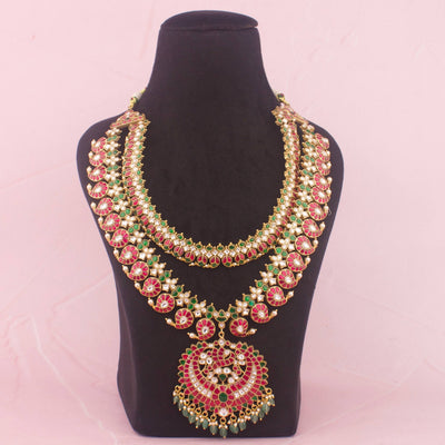 Opulent Jadau Kundan Long Necklace With Green Emerald Drops