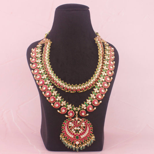 Opulent Jadau Kundan Long Necklace With Green Emerald Drops