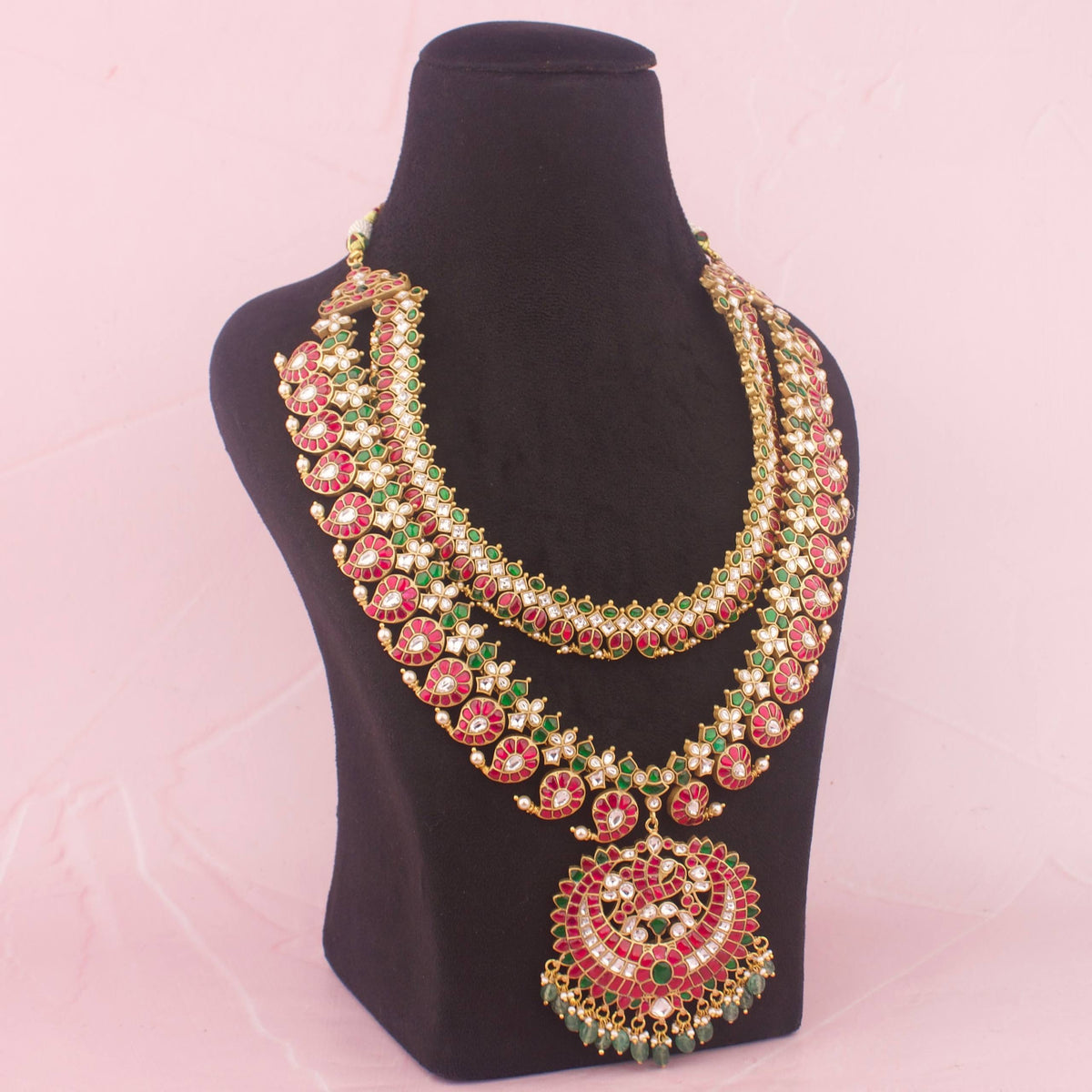 Opulent Jadau Kundan Long Necklace With Green Emerald Drops Craftsmanship & Detail View - Dulhan Jewels