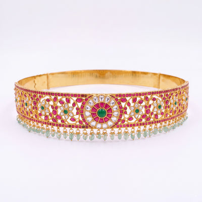 Floral Design Jadau Kundan Hip Belt With Emerald Hangings