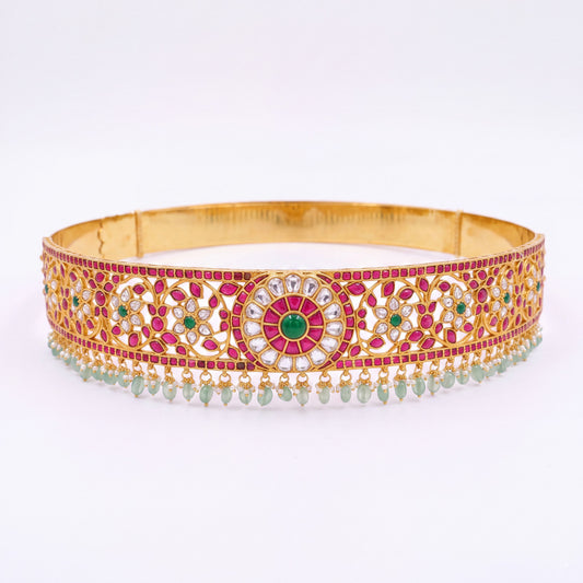 Floral Design Jadau Kundan Hip Belt With Emerald Hangings