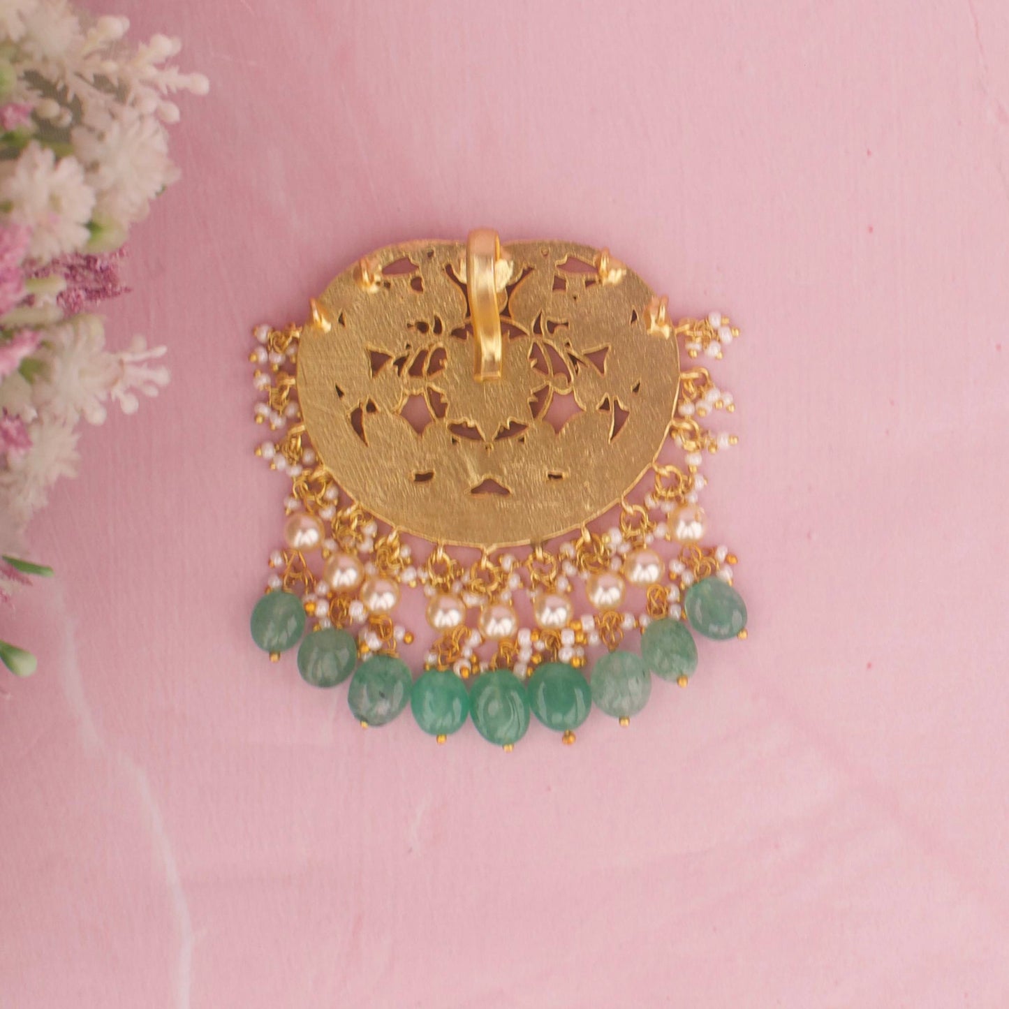 Floral Design Jadau Kundan Locket With Emerald Green Beads