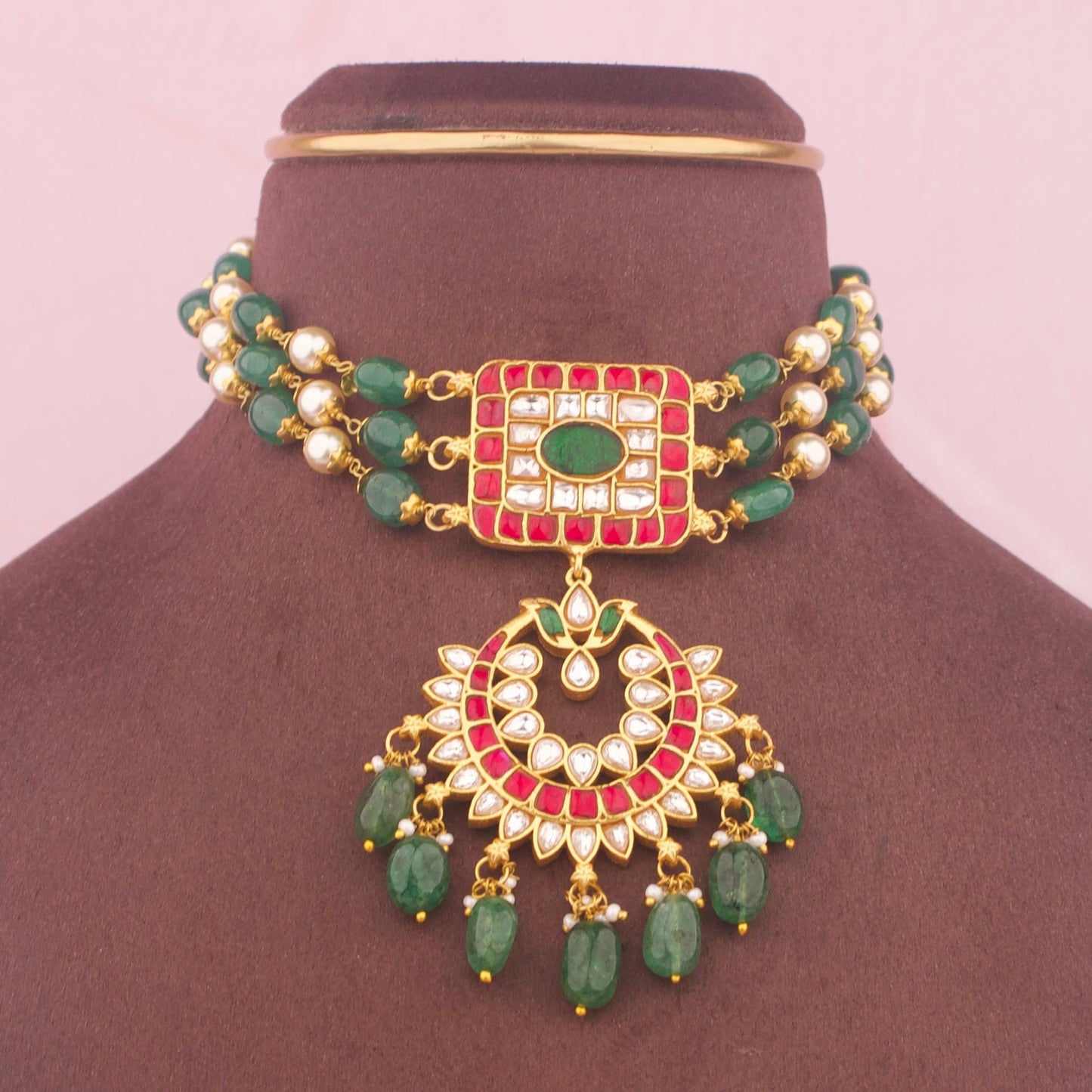 Regal Jadau Kundan Beads Choker With Green Hangings