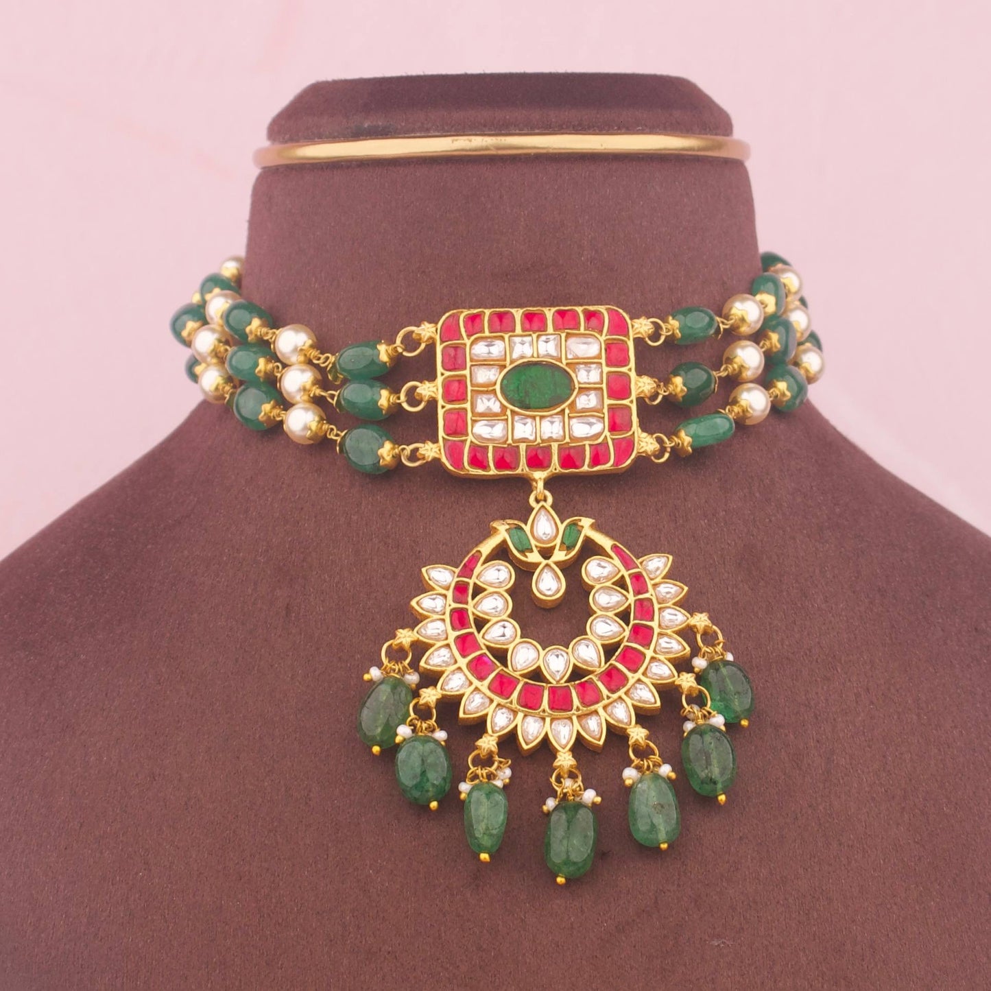 Regal Jadau Kundan Beads Choker With Green Hangings