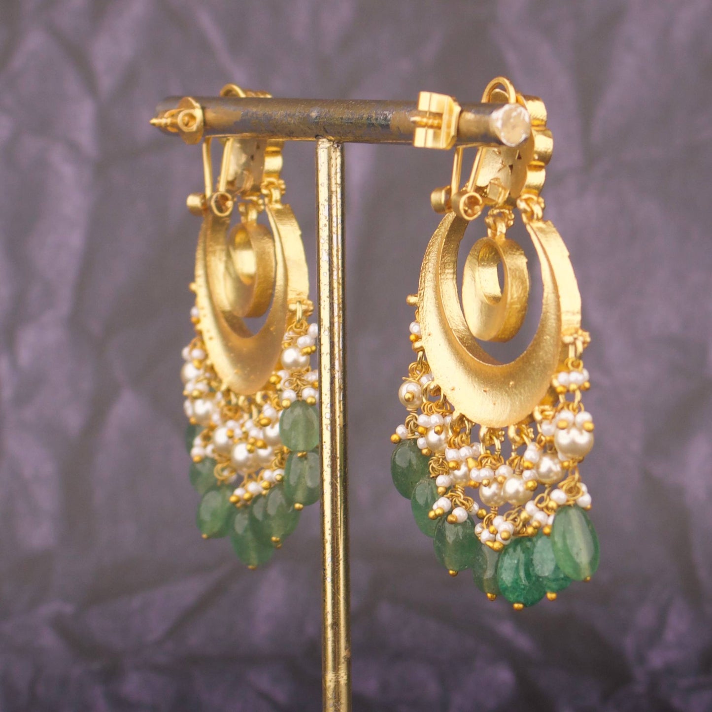 Ethnic Jadau Kundan Chandbali Earrings With Green Beads
