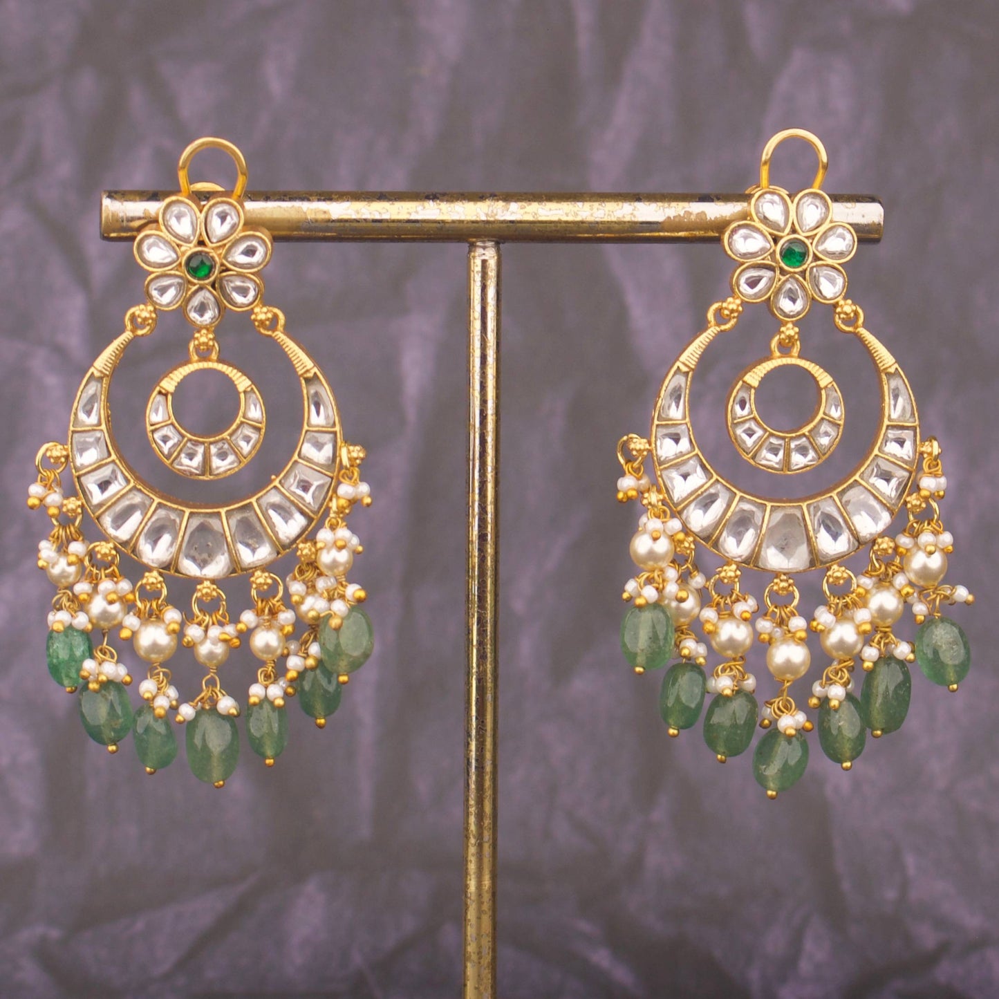 Ethnic Jadau Kundan Chandbali Earrings With Green Beads