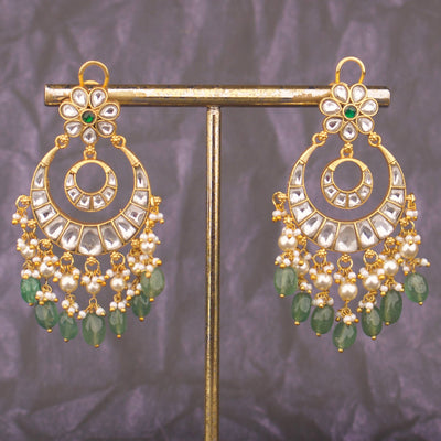 Ethnic Jadau Kundan Chandbali Earrings With Green Beads