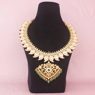 Opulent Moissanite Polki Mango Haram With Emerald Drops - Handcrafted Indian Bridal Jewelry by Dulhan Jewels