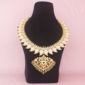 Opulent Moissanite Polki Mango Haram With Emerald Drops - Handcrafted Indian Bridal Jewelry by Dulhan Jewels
