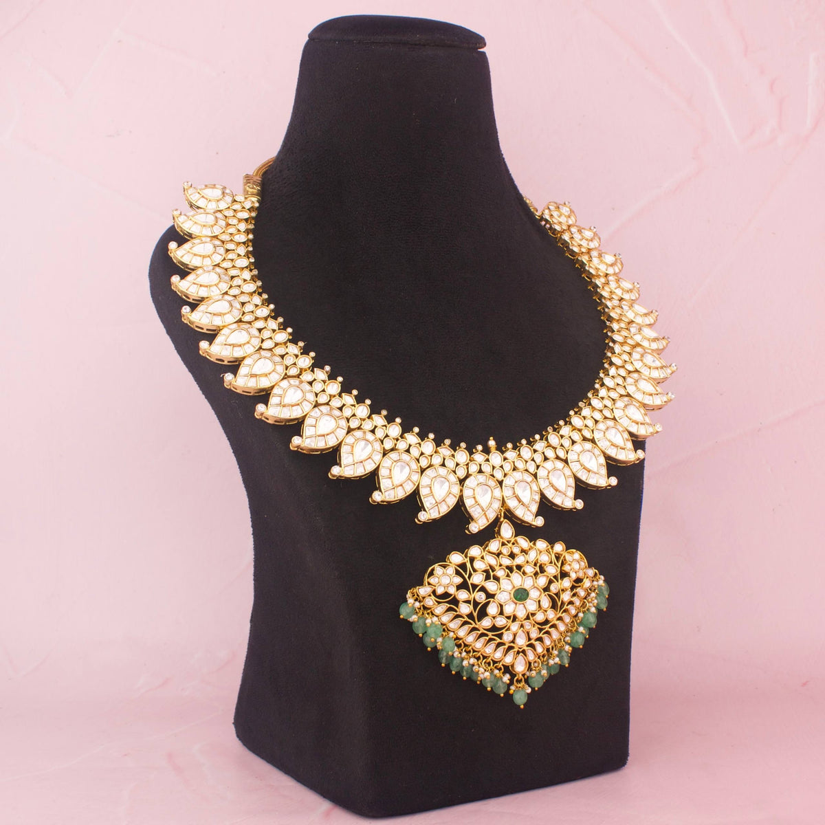 Opulent Moissanite Polki Mango Haram With Emerald Drops Craftsmanship & Detail View - Dulhan Jewels