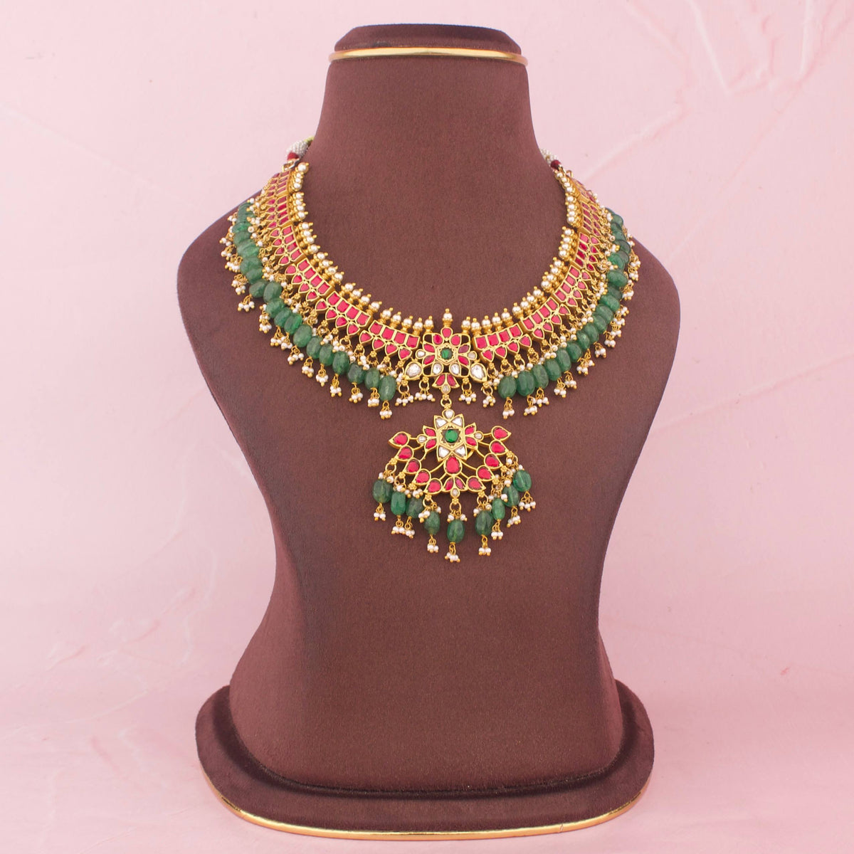 Exquisite Jadau Kundan Necklace With Emerald Drops - Handcrafted Indian Bridal Jewelry by Dulhan Jewels