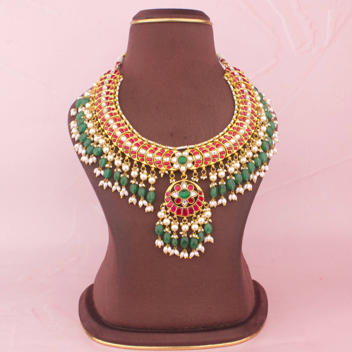 Gold Style Jadau Kundan Necklace With Green Beads And Ricepearl Hangings - Handcrafted Indian Bridal Jewelry by Dulhan Jewels