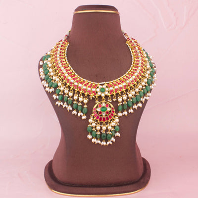Gold Style Jadau Kundan Necklace With Green Beads And Ricepearl Hangings - Handcrafted Indian Bridal Jewelry by Dulhan Jewels